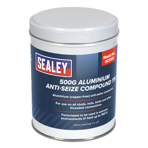 Sealey Aluminium Anti-Seize Compound 500g Tin, Model No. SCS103. This copper-free anti-seize is used to prevent seizure on studs, nuts, bolts, and other threaded connections in extreme environments up to 760°C.