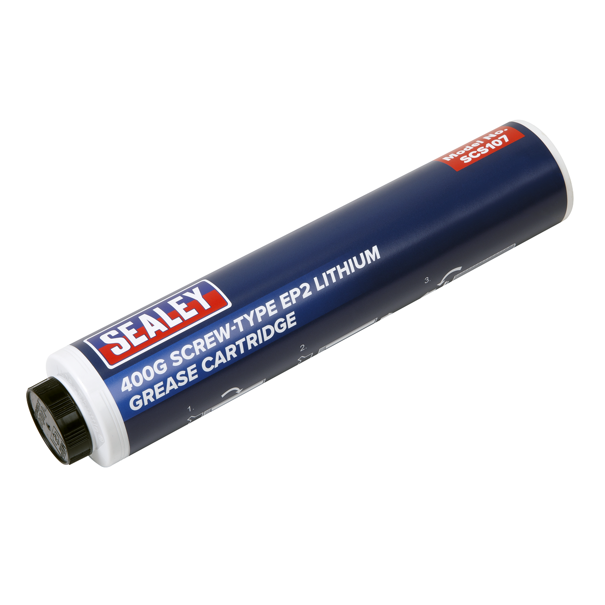 The Sealey Screw-Type EP2 Lithium Grease Cartridge 400g - SCS107, identified by its blue and white label with red and white Sealey branding, is perfect for grease gun accessories and is an ideal choice for multipurpose EP2 applications.