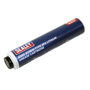 The Sealey Screw-Type EP2 Lithium Grease Cartridge 400g - SCS107, identified by its blue and white label with red and white Sealey branding, is perfect for grease gun accessories and is an ideal choice for multipurpose EP2 applications.