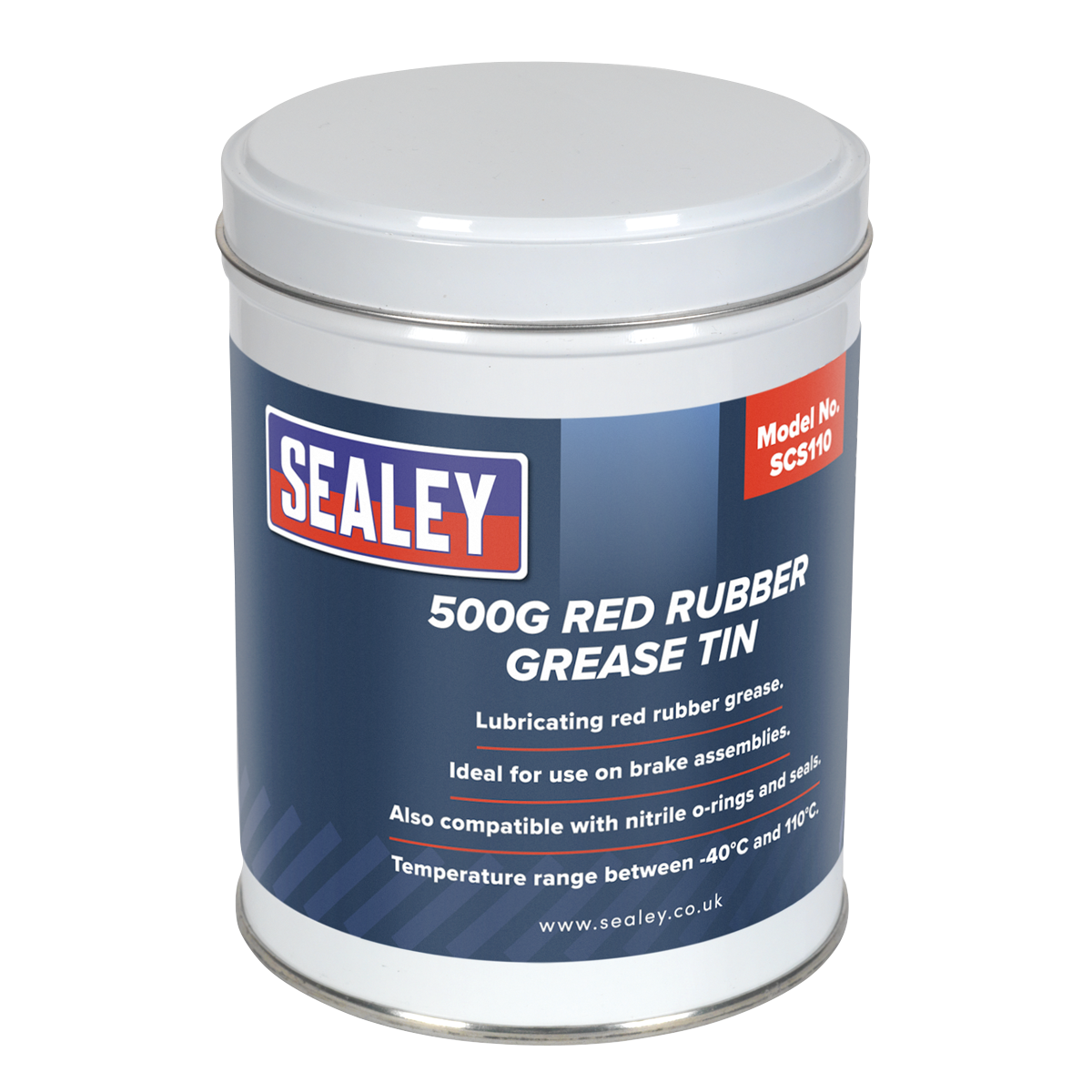 A 500g tin of Sealey Red Rubber Grease (SCS110), perfect for brake assemblies and compatible with nitrile O-rings and seals, operates effectively in temperatures from -40°C to +110°C. This lubricating grease ensures exceptional performance across a wide range of conditions.