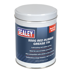 A 500g tin of Sealey Red Rubber Grease (SCS110), perfect for brake assemblies and compatible with nitrile O-rings and seals, operates effectively in temperatures from -40°C to +110°C. This lubricating grease ensures exceptional performance across a wide range of conditions.