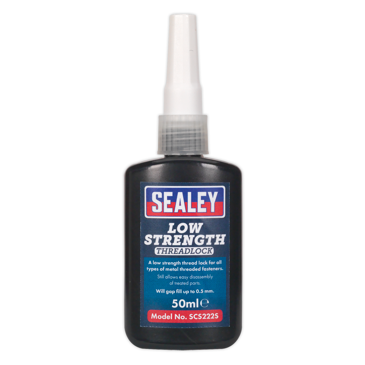 A 50ml bottle of Sealey Thread Lock Low Strength, Model No. SCS222S, designed for low-strength locking of small metal threaded fasteners, prevents loosening effectively.