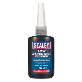 A 50ml bottle of Sealey Thread Lock Low Strength, Model No. SCS222S, designed for low-strength locking of small metal threaded fasteners, prevents loosening effectively.