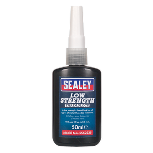 A 50ml bottle of Sealey Thread Lock Low Strength, Model No. SCS222S, designed for low-strength locking of small metal threaded fasteners, prevents loosening effectively.