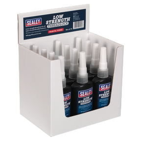 Display box containing multiple bottles of Sealey Thread Lock Low Strength, model number SCS222, providing effective vibration protection for metal fasteners, shown from a slightly elevated front angle.