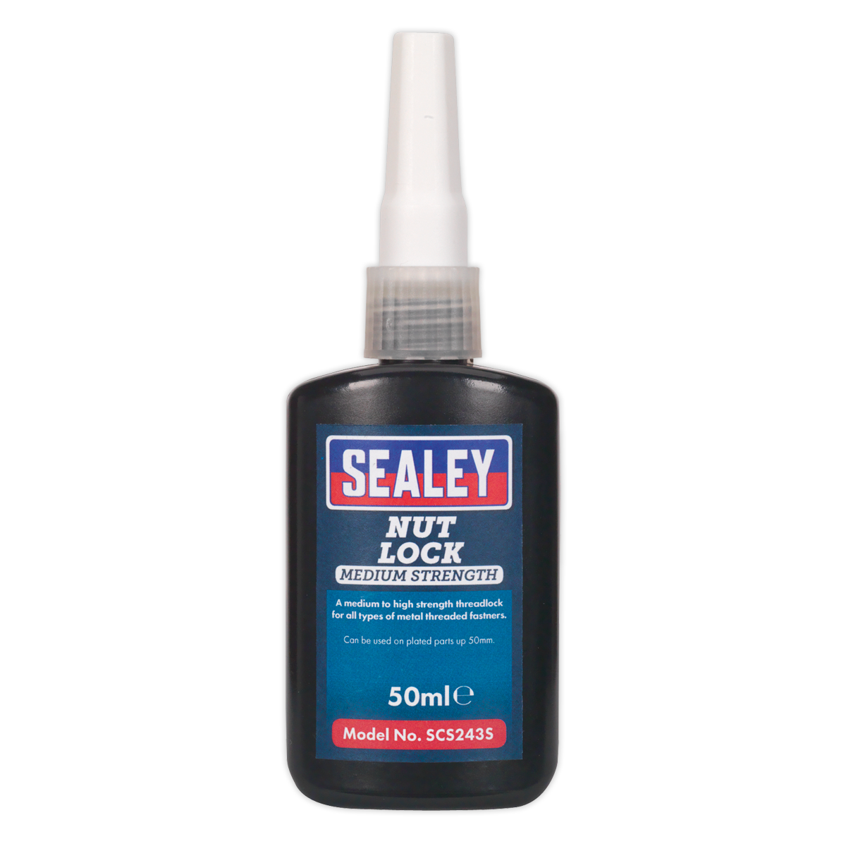 A 50ml bottle of Sealey Nut Lock Medium Strength Threadlocker, model number SCS243S, ideal for securing metal threaded fasteners and plated parts.