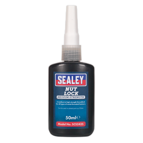 A 50ml bottle of Sealey Nut Lock Medium Strength Threadlocker, model number SCS243S, ideal for securing metal threaded fasteners and plated parts.