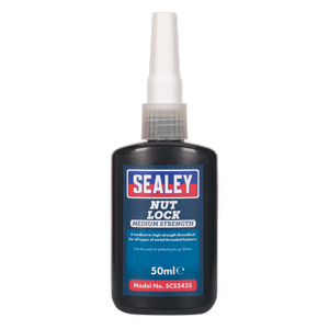 A 50ml bottle of Sealey Nut Lock Medium Strength Threadlocker, model number SCS243S, ideal for securing metal threaded fasteners and plated parts.