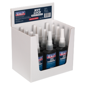 A display box containing twelve bottles of Sealey Nut Lock Medium Strength adhesive (50ml each), ideal for securing metal threaded fasteners, product code SCS243.