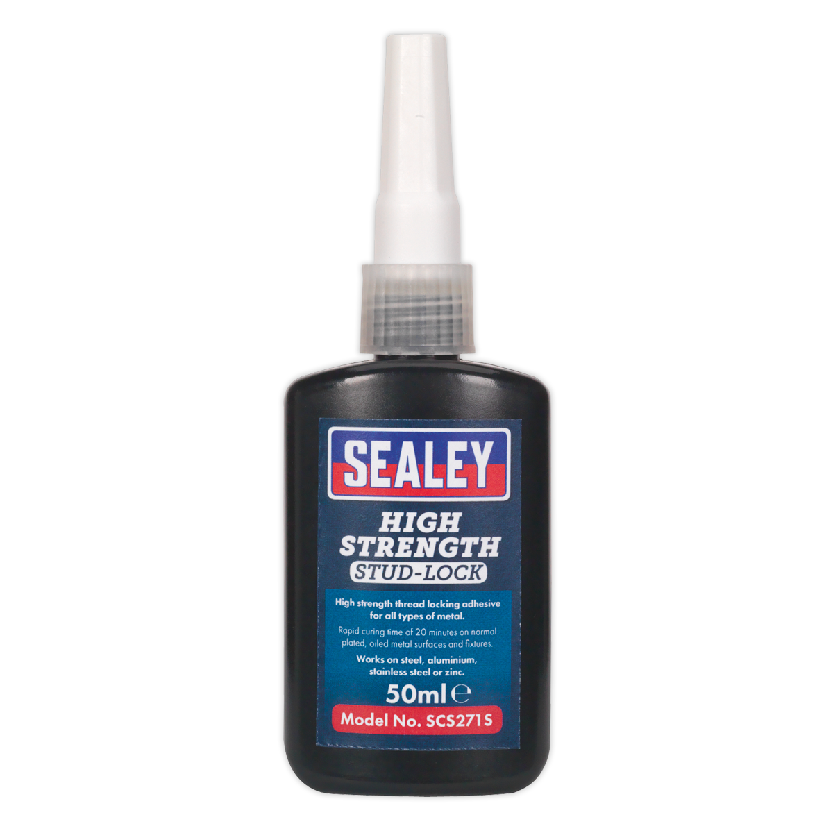 A 50ml bottle of Sealey Stud Lock High Strength adhesive, ideal for metal surfaces, comes labeled with product information and warnings. Model No. SCS271S promises rapid fixing time for all your bonding needs.