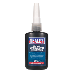 A 50ml bottle of Sealey Stud Lock High Strength adhesive, ideal for metal surfaces, comes labeled with product information and warnings. Model No. SCS271S promises rapid fixing time for all your bonding needs.