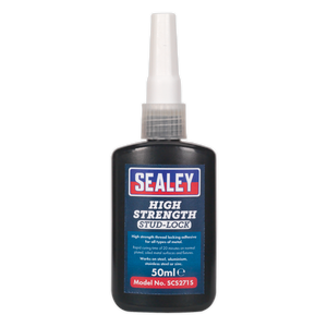 A 50ml bottle of Sealey Stud Lock High Strength adhesive, ideal for metal surfaces, comes labeled with product information and warnings. Model No. SCS271S promises rapid fixing time for all your bonding needs.