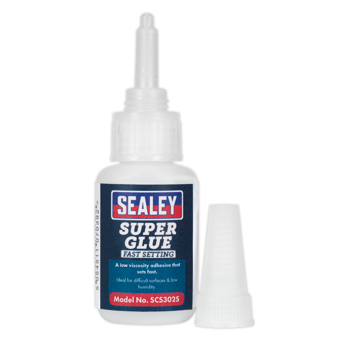 A bottle of Sealey Super Glue Fast Setting 20g - SCS302S with accompanying cap. The label indicates it is a fast-setting, low viscosity adhesive ideal for difficult surfaces and low humidity. Perfectly suited for bonding metal applications, this product ensures reliable performance every time.