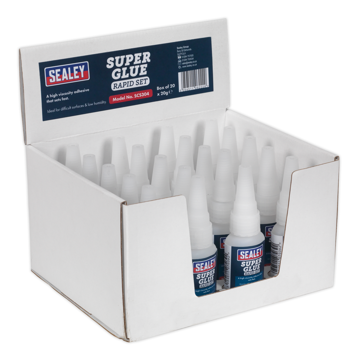 A display box containing 20 bottles of Sealey Super Glue Rapid Set 20g (SCS304), a high viscosity adhesive perfect for bonding metal. The box features product details and branding.