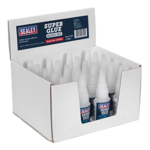 A display box containing 20 bottles of Sealey Super Glue Rapid Set 20g (SCS304), a high viscosity adhesive perfect for bonding metal. The box features product details and branding.