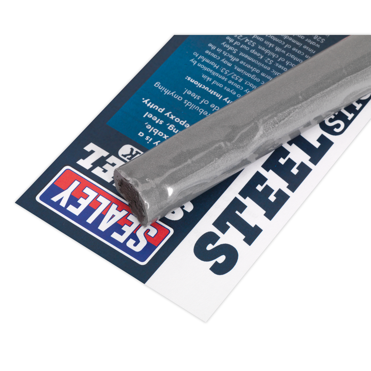 A steel welding rod resting atop Sealey's Quick-Set Metal Putty 114g - SCS390 packaging, ideal for use alongside steel reinforced epoxy putty for robust metal repairs.