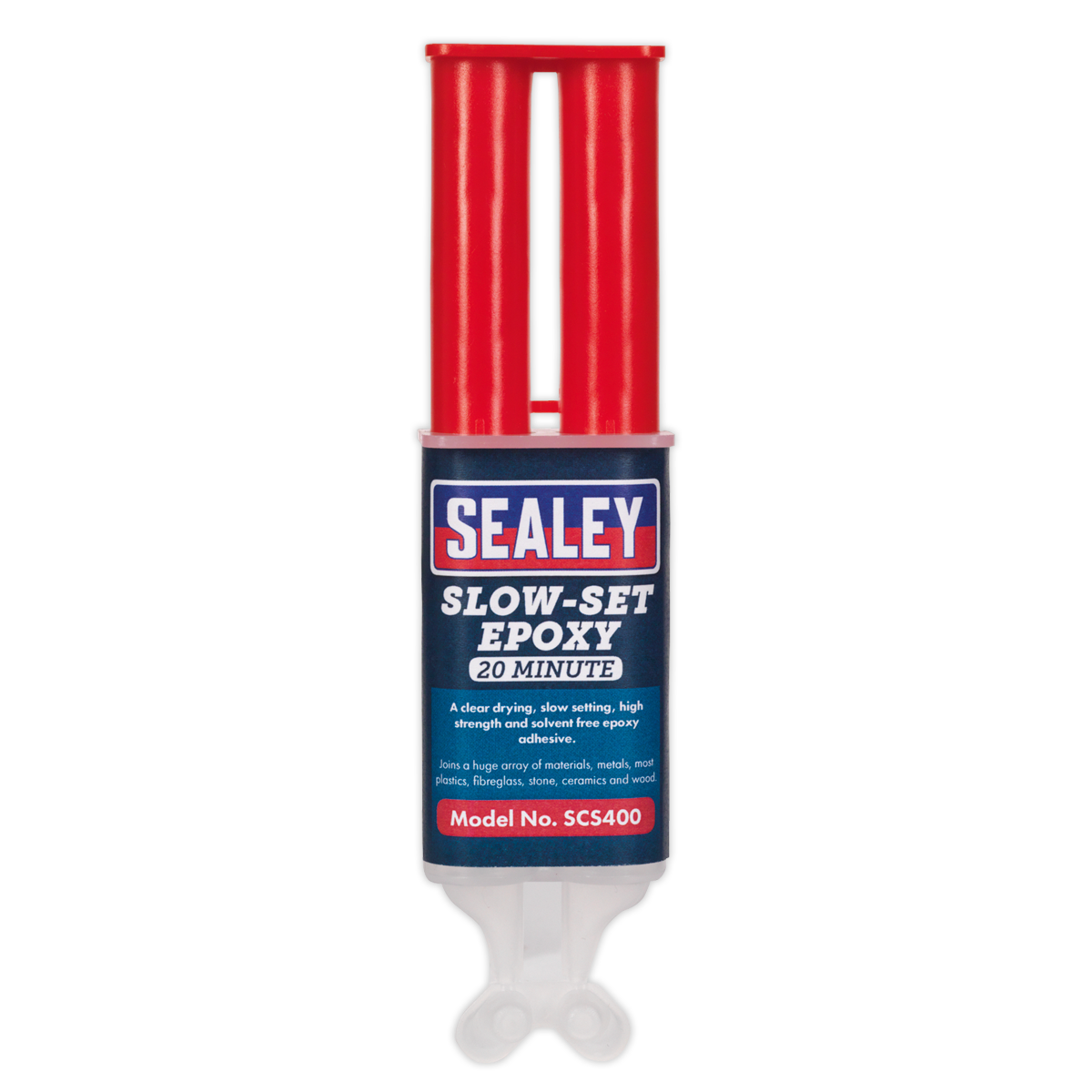 A dual syringe labeled "Slow-Set 20 Minute Epoxy Adhesive 25ml - SCS400" from Sealey, designed for a 20-minute setting time, featuring high strength and adhesive properties. This solvent-free formula ensures a reliable bond.