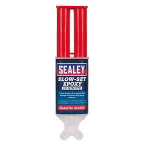 A dual syringe labeled "Slow-Set 20 Minute Epoxy Adhesive 25ml - SCS400" from Sealey, designed for a 20-minute setting time, featuring high strength and adhesive properties. This solvent-free formula ensures a reliable bond.