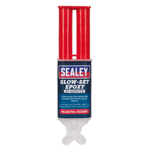 A dual syringe labeled "Slow-Set 20 Minute Epoxy Adhesive 25ml - SCS400" from Sealey, designed for a 20-minute setting time, featuring high strength and adhesive properties. This solvent-free formula ensures a reliable bond.