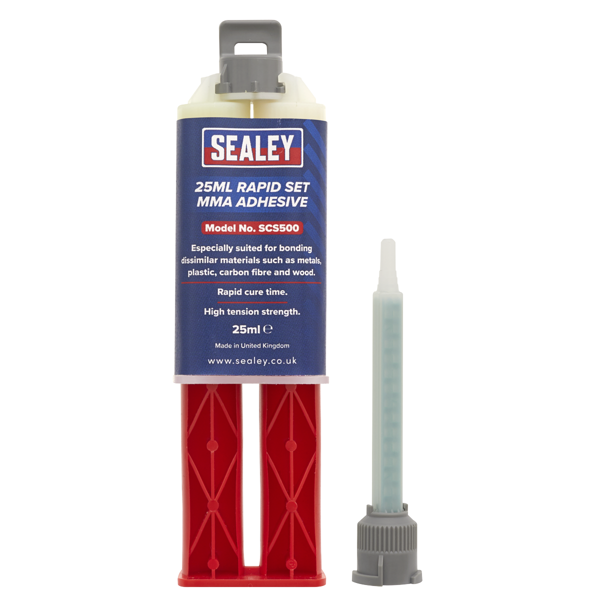 A 25ml Sealey 25ml Rapid Set MMA Adhesive - SCS500 tube with a mixing nozzle attached. The label specifies it is suitable for bonding various materials and features high tension strength and rapid curing time.