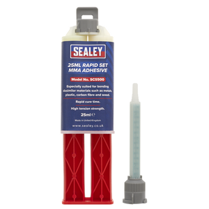 A 25ml Sealey 25ml Rapid Set MMA Adhesive - SCS500 tube with a mixing nozzle attached. The label specifies it is suitable for bonding various materials and features high tension strength and rapid curing time.