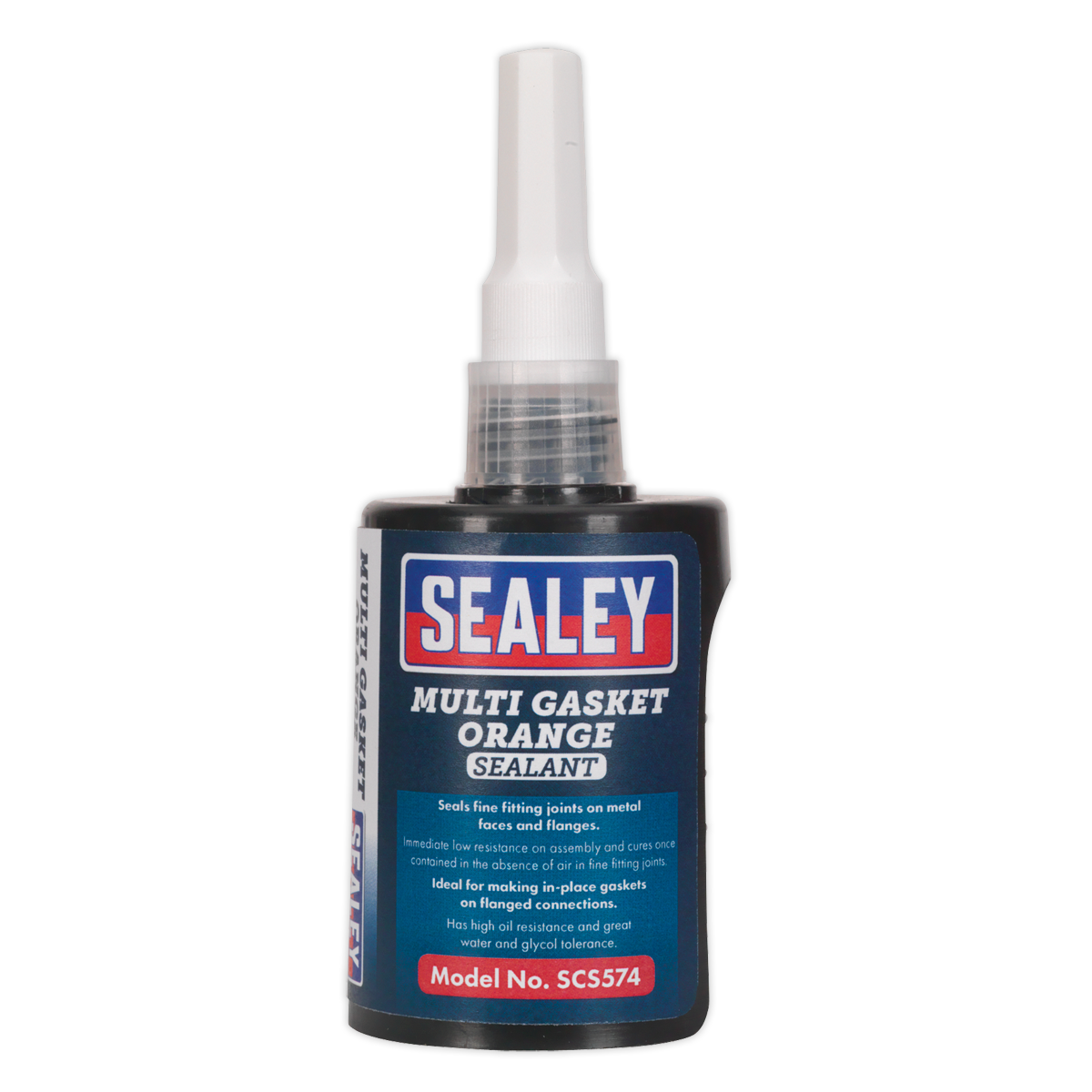 A bottle of Sealey Multi Gasket Sealant Orange 50ml (Model No. SCS574) featuring a nozzle tip and concertina applicator. The label indicates it's ideal for sealing fine fitting points on metal faces and flanges, making it perfect for flange connections, with high oil resistance for reliable performance.