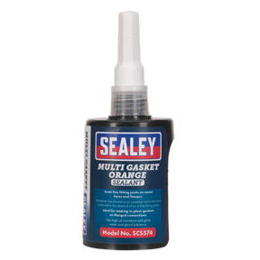 A bottle of Sealey Multi Gasket Sealant Orange 50ml (Model No. SCS574) featuring a nozzle tip and concertina applicator. The label indicates it's ideal for sealing fine fitting points on metal faces and flanges, making it perfect for flange connections, with high oil resistance for reliable performance.