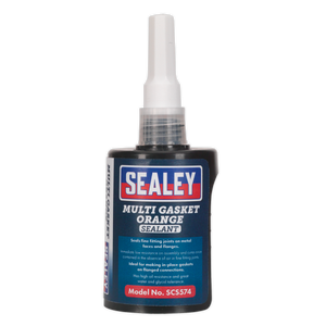 A bottle of Sealey Multi Gasket Sealant Orange 50ml (Model No. SCS574) featuring a nozzle tip and concertina applicator. The label indicates it's ideal for sealing fine fitting points on metal faces and flanges, making it perfect for flange connections, with high oil resistance for reliable performance.