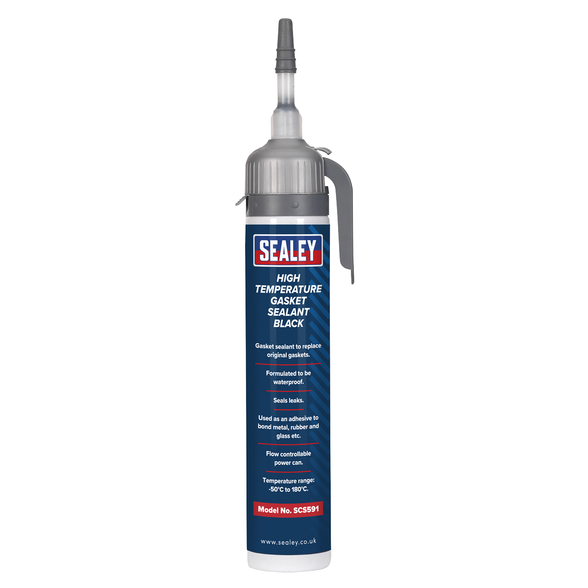 A 200ml tube labeled "Sealey High Temperature Gasket Sealant Black - SCS591," featuring product details and waterproof usage instructions.