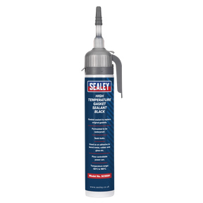 A 200ml tube labeled "Sealey High Temperature Gasket Sealant Black - SCS591," featuring product details and waterproof usage instructions.