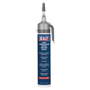 A 200ml tube labeled "Sealey High Temperature Gasket Sealant Black - SCS591," featuring product details and waterproof usage instructions.