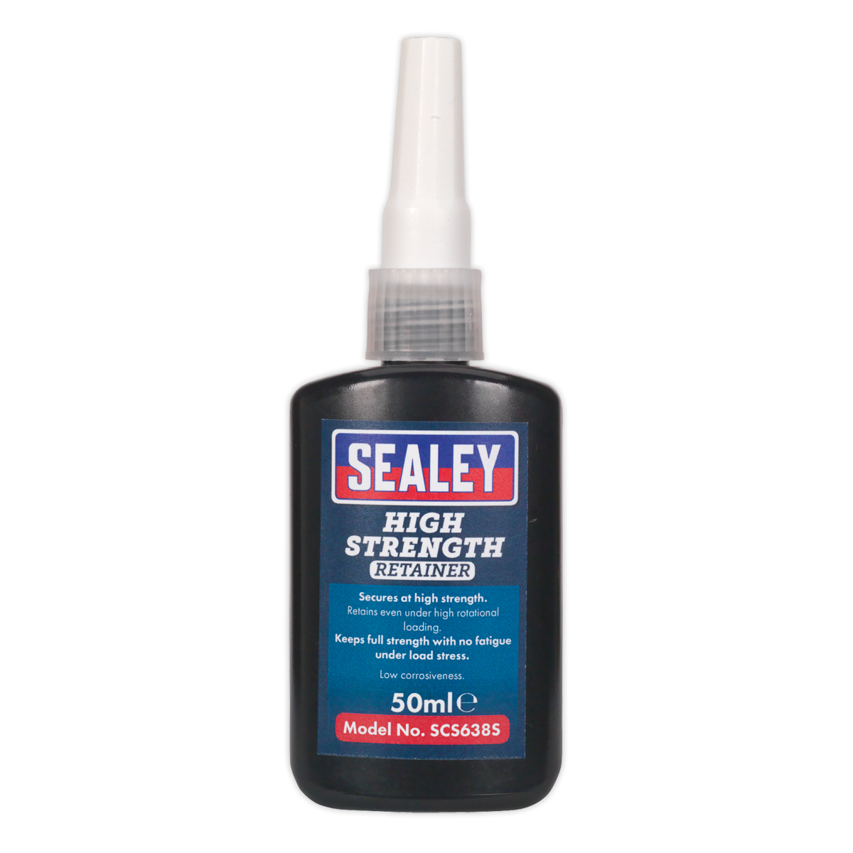 A 50 ml bottle of Sealey High Strength Retainer SCS638S adhesive, perfect for cylindrical fitting parts. The label text emphasizes its high retention strength and low cure shrinkage. This adhesive cures in the absence of air to secure close-fitting joints.