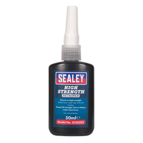 A 50 ml bottle of Sealey High Strength Retainer SCS638S adhesive, perfect for cylindrical fitting parts. The label text emphasizes its high retention strength and low cure shrinkage. This adhesive cures in the absence of air to secure close-fitting joints.