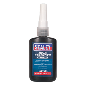 A 50 ml bottle of Sealey High Strength Retainer SCS638S adhesive, perfect for cylindrical fitting parts. The label text emphasizes its high retention strength and low cure shrinkage. This adhesive cures in the absence of air to secure close-fitting joints.