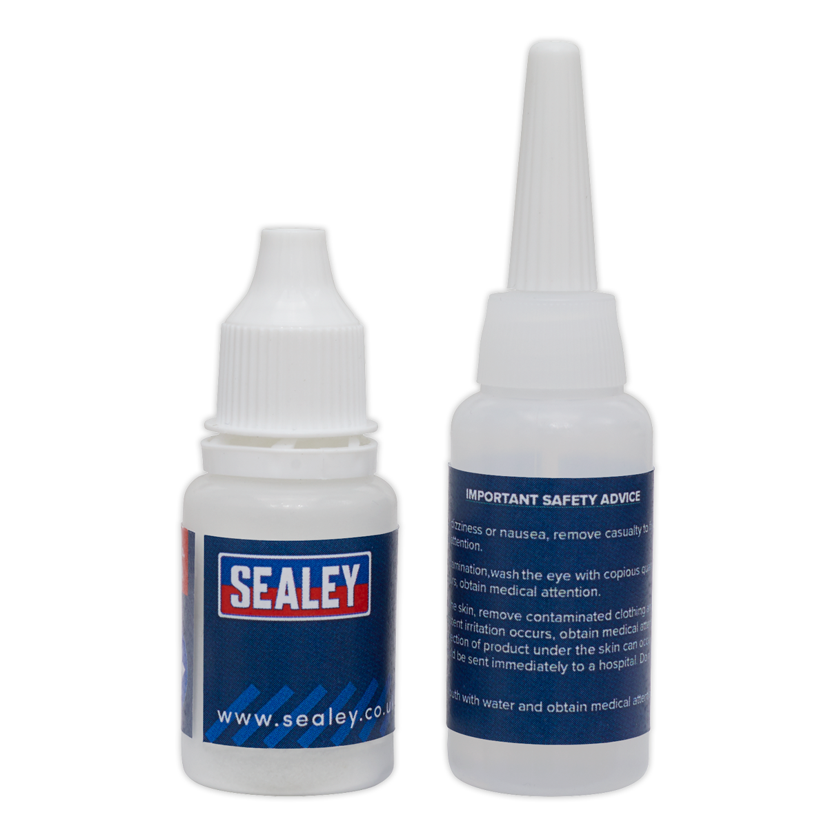 Two Sealey Fast-Fix Filler & Adhesive - Clear - SCS906 bottles, one front-facing showing the label and one back-facing displaying safety advice. Both bottles have white caps and are part of a repair system known for its rapid solidification properties.