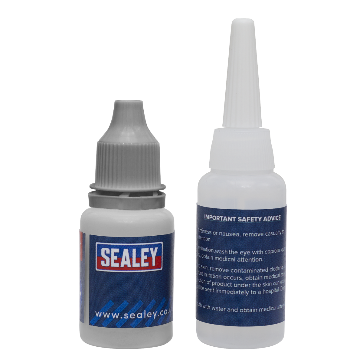 Two bottles from the Sealey-branded Fast-Fix Filler & Adhesive - Grey (SCS909), essential for any adhesive and filler repair system, come equipped with dropper tips and important safety information labels. One bottle features a sealed gray cap, while the other is designed with a long white nozzle attached.