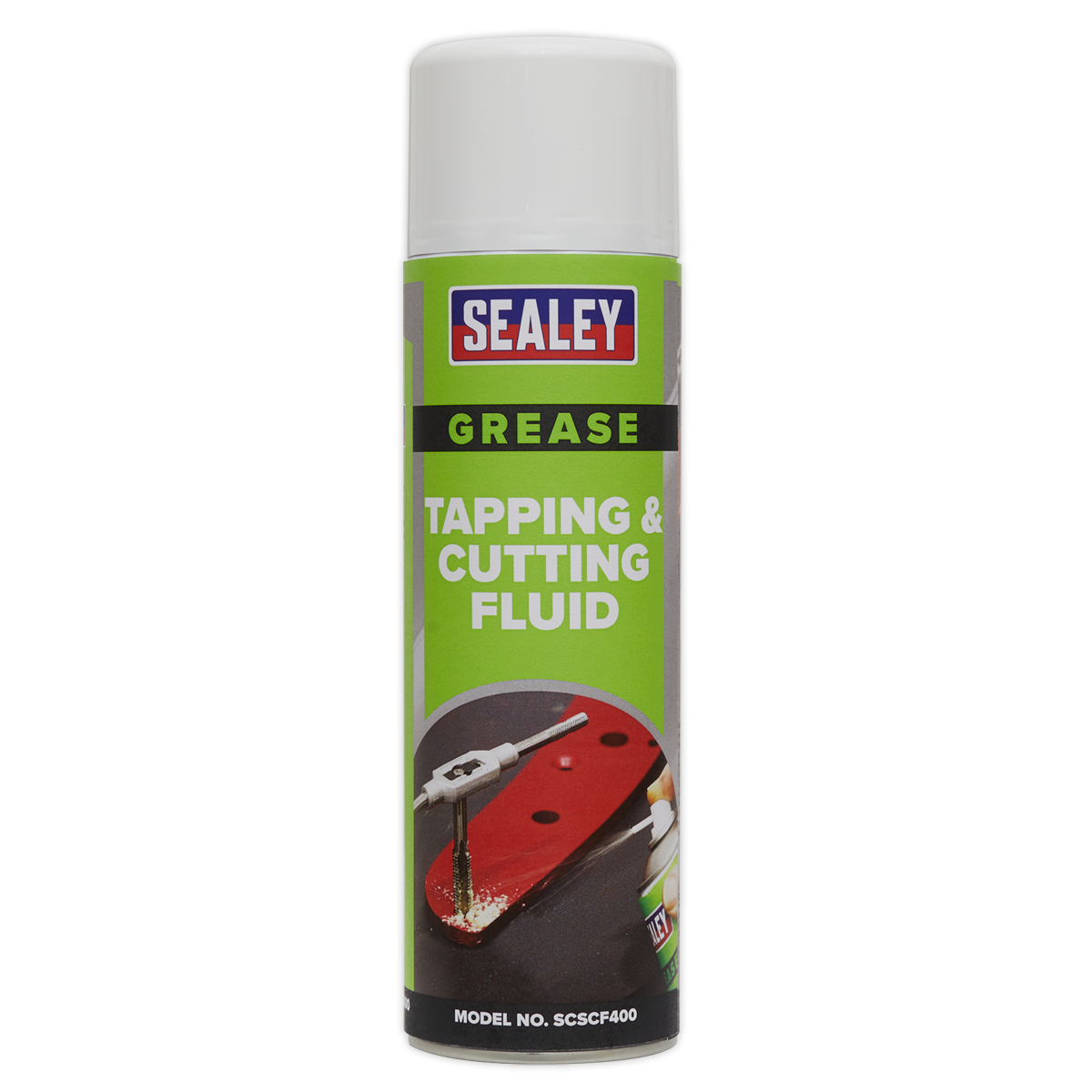 A 500ml can of Sealey Tapping & Cutting Fluid, model SCSCF400, featuring a white cap and a green label with an image of metalwork being drilled. Perfect for machining operations, it ensures smooth and efficient performance.