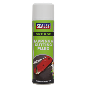 A 500ml can of Sealey Tapping & Cutting Fluid, model SCSCF400, featuring a white cap and a green label with an image of metalwork being drilled. Perfect for machining operations, it ensures smooth and efficient performance.