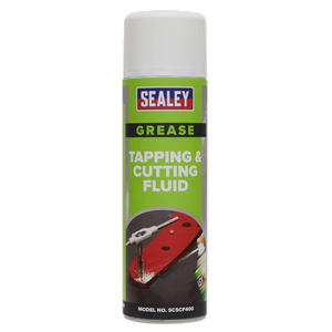 A 500ml can of Sealey Tapping & Cutting Fluid, model SCSCF400, featuring a white cap and a green label with an image of metalwork being drilled. Perfect for machining operations, it ensures smooth and efficient performance.