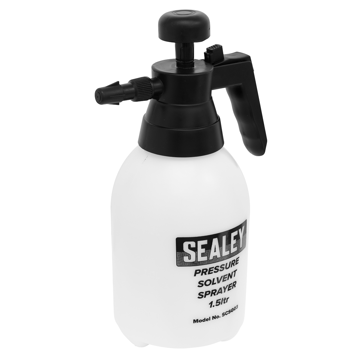 A white Sealey pressure solvent sprayer, model SCSG03, with a black handle and adjustable nozzle, labeled "1.5 liter," featuring durable Viton® seals.