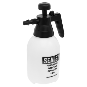 A white Sealey pressure solvent sprayer, model SCSG03, with a black handle and adjustable nozzle, labeled "1.5 liter," featuring durable Viton® seals.