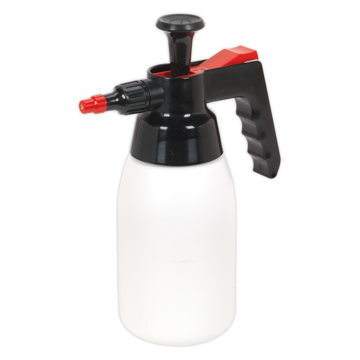 Image of the Sealey Premium Pressure Solvent Sprayer with Viton® Seals 1L - SCSG04, featuring a white base, black neck and nozzle, and a red trigger. The bottle is equipped with Viton® seals for enhanced durability and has a ribbed handle for better grip. The adjustable nozzle offers versatile spraying options.