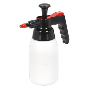 Image of the Sealey Premium Pressure Solvent Sprayer with Viton® Seals 1L - SCSG04, featuring a white base, black neck and nozzle, and a red trigger. The bottle is equipped with Viton® seals for enhanced durability and has a ribbed handle for better grip. The adjustable nozzle offers versatile spraying options.