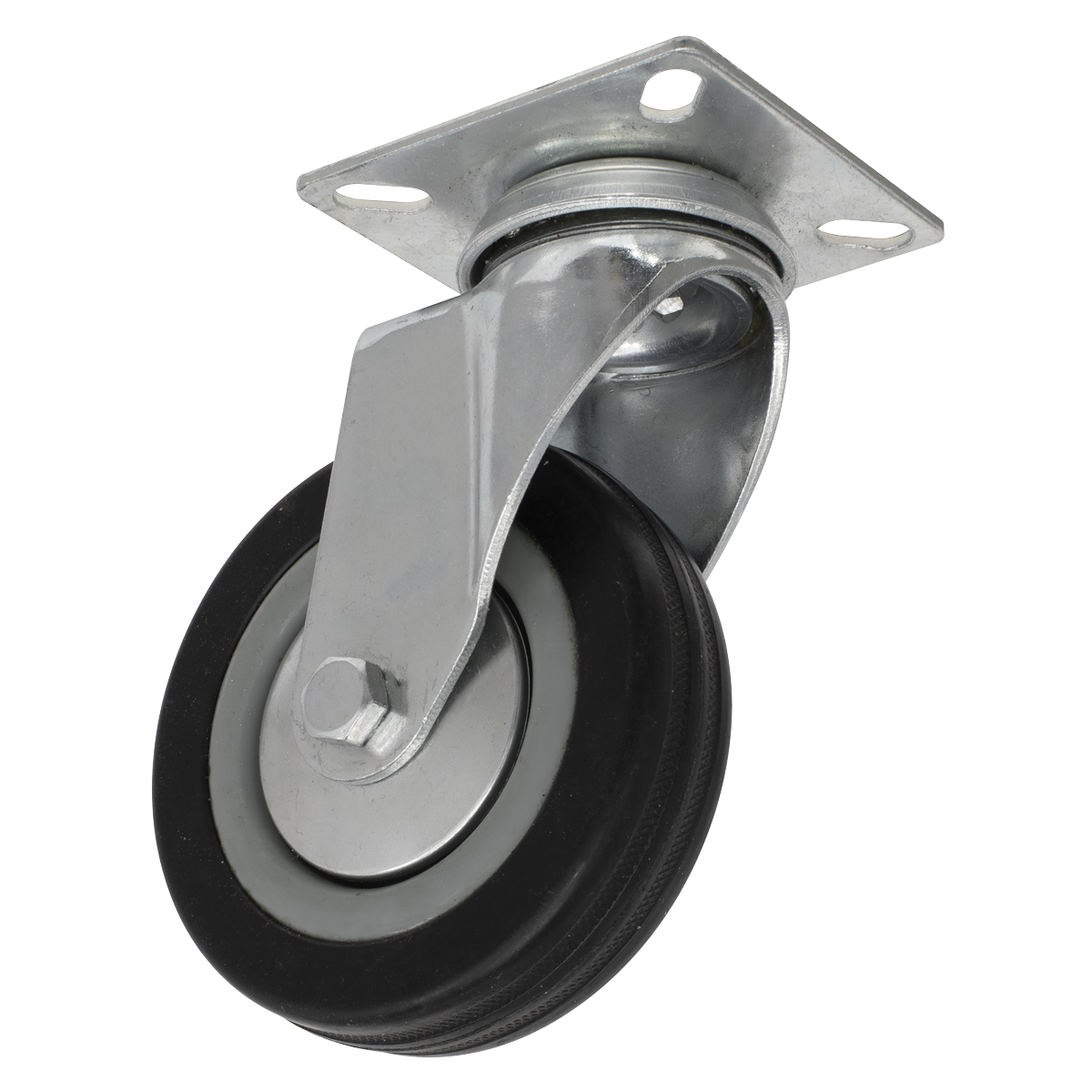 The Sealey Castor Wheel Swivel Plate Ø100mm - SCW1100SP is a single black and silver castor featuring a durable wheel and metal mounting plate, designed to support a load capacity of 80kg.