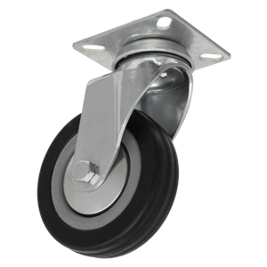 The Sealey Castor Wheel Swivel Plate Ø100mm - SCW1100SP is a single black and silver castor featuring a durable wheel and metal mounting plate, designed to support a load capacity of 80kg.