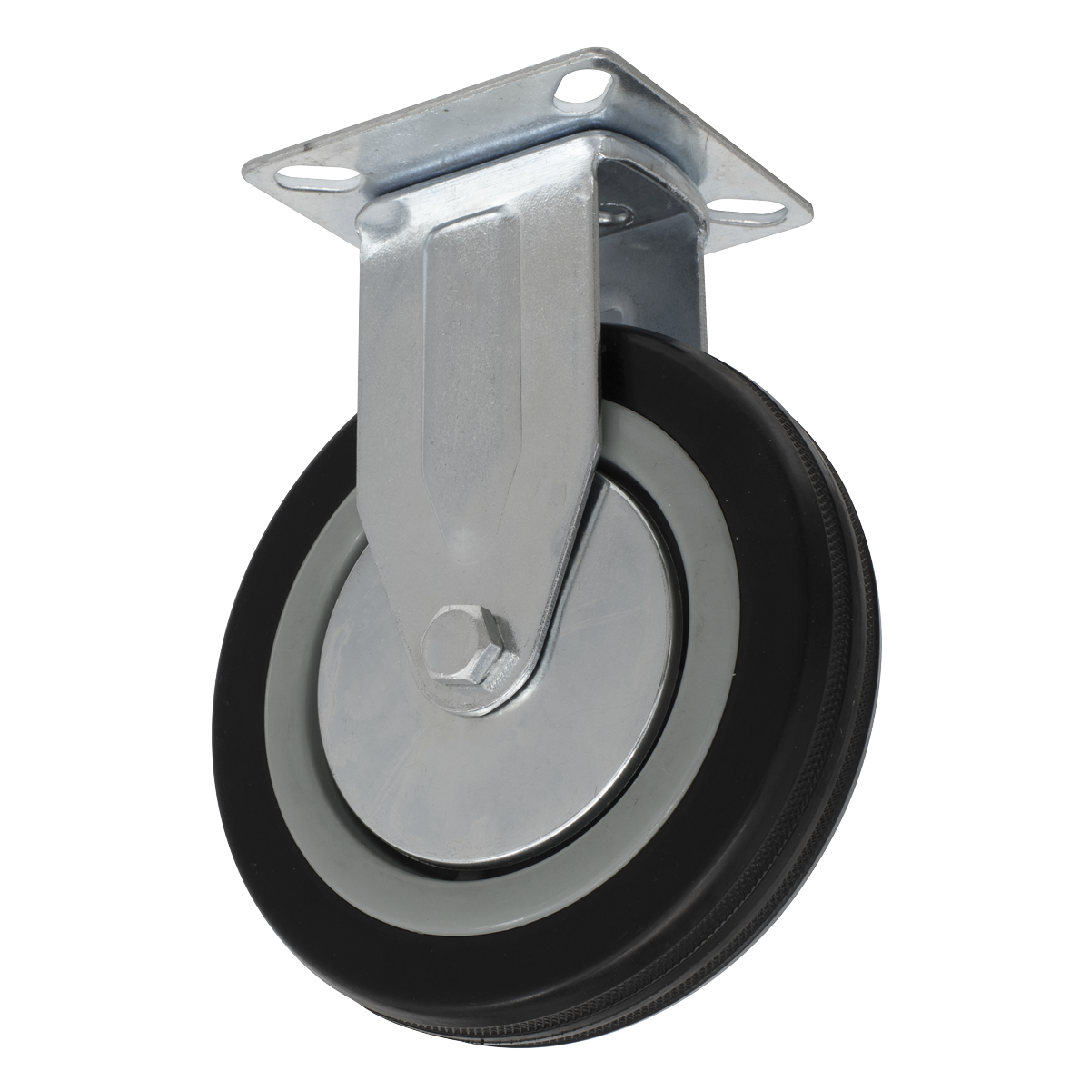 The Sealey Castor Wheel Fixed Plate Ø125mm (SCW1125FP) features a durable metal swivel caster with a black rubber edge and visible bolts for mounting on the top plate, ensuring reliable performance.