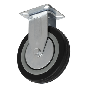 The Sealey Castor Wheel Fixed Plate Ø125mm (SCW1125FP) features a durable metal swivel caster with a black rubber edge and visible bolts for mounting on the top plate, ensuring reliable performance.