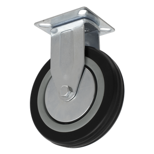 The Sealey Castor Wheel Fixed Plate Ø125mm (SCW1125FP) features a durable metal swivel caster with a black rubber edge and visible bolts for mounting on the top plate, ensuring reliable performance.