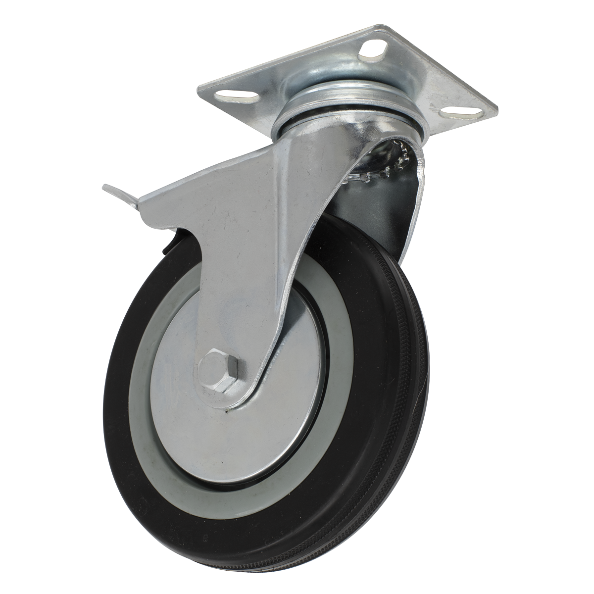 The Sealey Castor Wheel Swivel Plate with Brake Ø125mm - SCW1125SPL features a robust metal swivel plate castor paired with a durable black rubber tire. It includes a flat mounting plate equipped with four holes and forms part of our economy range of castors. This product is ideally suited for use on carts or furniture, offering a load capacity of 100kg.