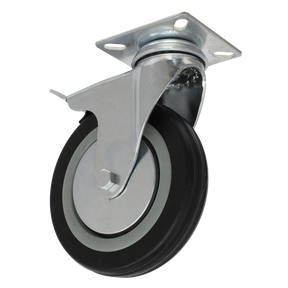 The Sealey Castor Wheel Swivel Plate with Brake Ø125mm - SCW1125SPL features a robust metal swivel plate castor paired with a durable black rubber tire. It includes a flat mounting plate equipped with four holes and forms part of our economy range of castors. This product is ideally suited for use on carts or furniture, offering a load capacity of 100kg.